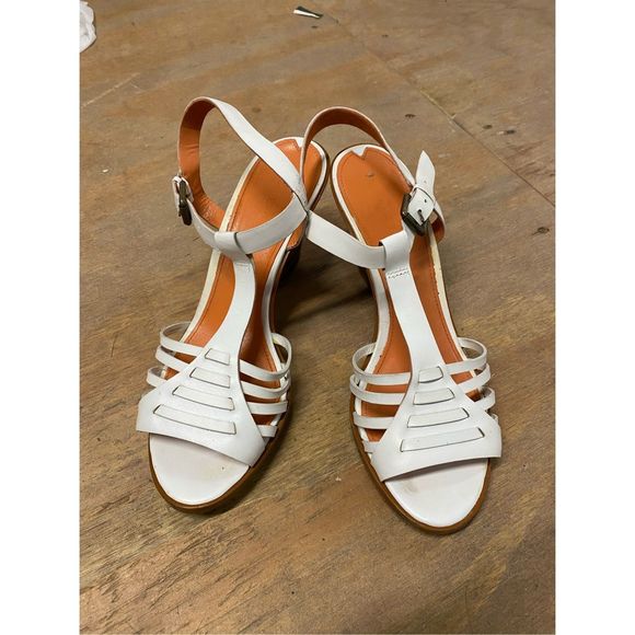 Via Spiga White Strappy Uppers Stacked Wood 3.5" Block Heel Sandals Size 9 - Picture 1 of 13